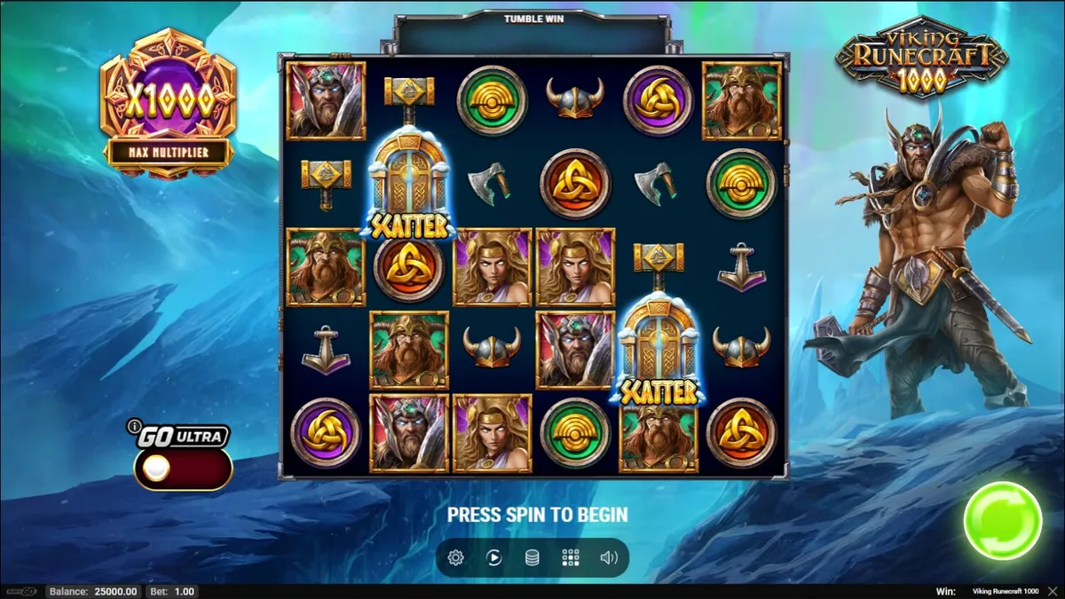 Cena épica de batalha nórdica com deuses e runas brilhantes em Viking Runecraft 1000