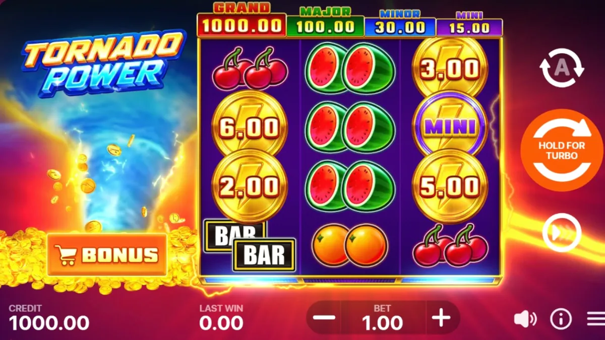 Interface do jogo Tornado Power: Hold and Win com símbolos de frutas e elementos de tempestade.